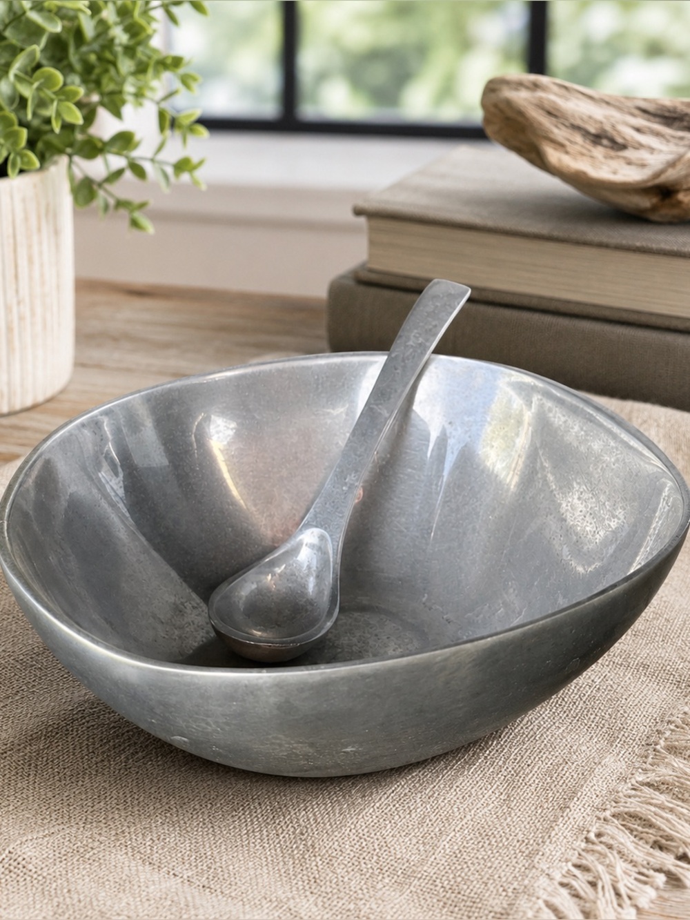 Holland Boone Bowl Mill Polished Pewter Serving Bowl & Matching Spoon
